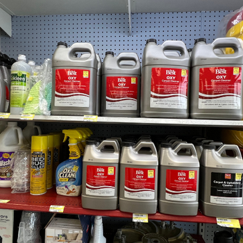 Shelves stocked with various cleaning products, prominently featuring large bottles of carpet cleaner with red labels, creating a tidy and organized display.