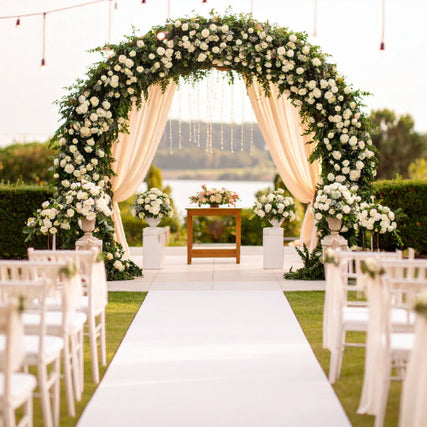 Party & EventElegant wedding setup with a floral arch adorned with white roses, draped curtains, and a path leading to a table. White chairs line the aisle, evoking romance.